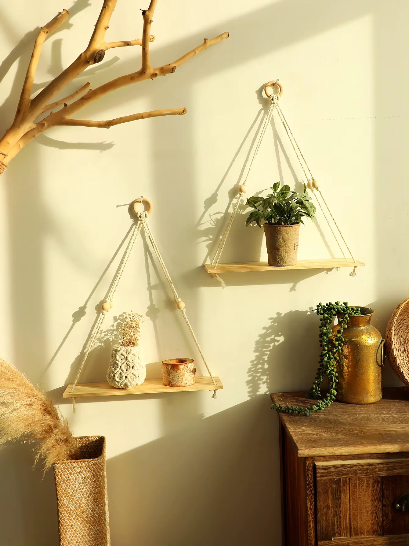 Wood Wall Shelf Macrame 