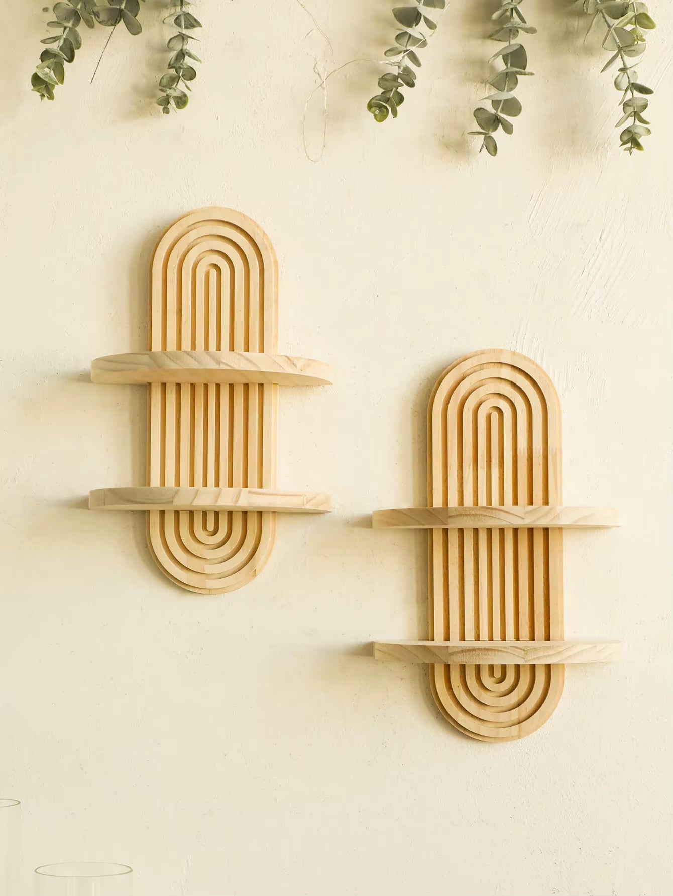 2-Tier Boho Style Wooden Wall Shelves - Geometric Wall Mounted Shelves, Natural Wood Finish, Modern Home Decor, Plant Decorative