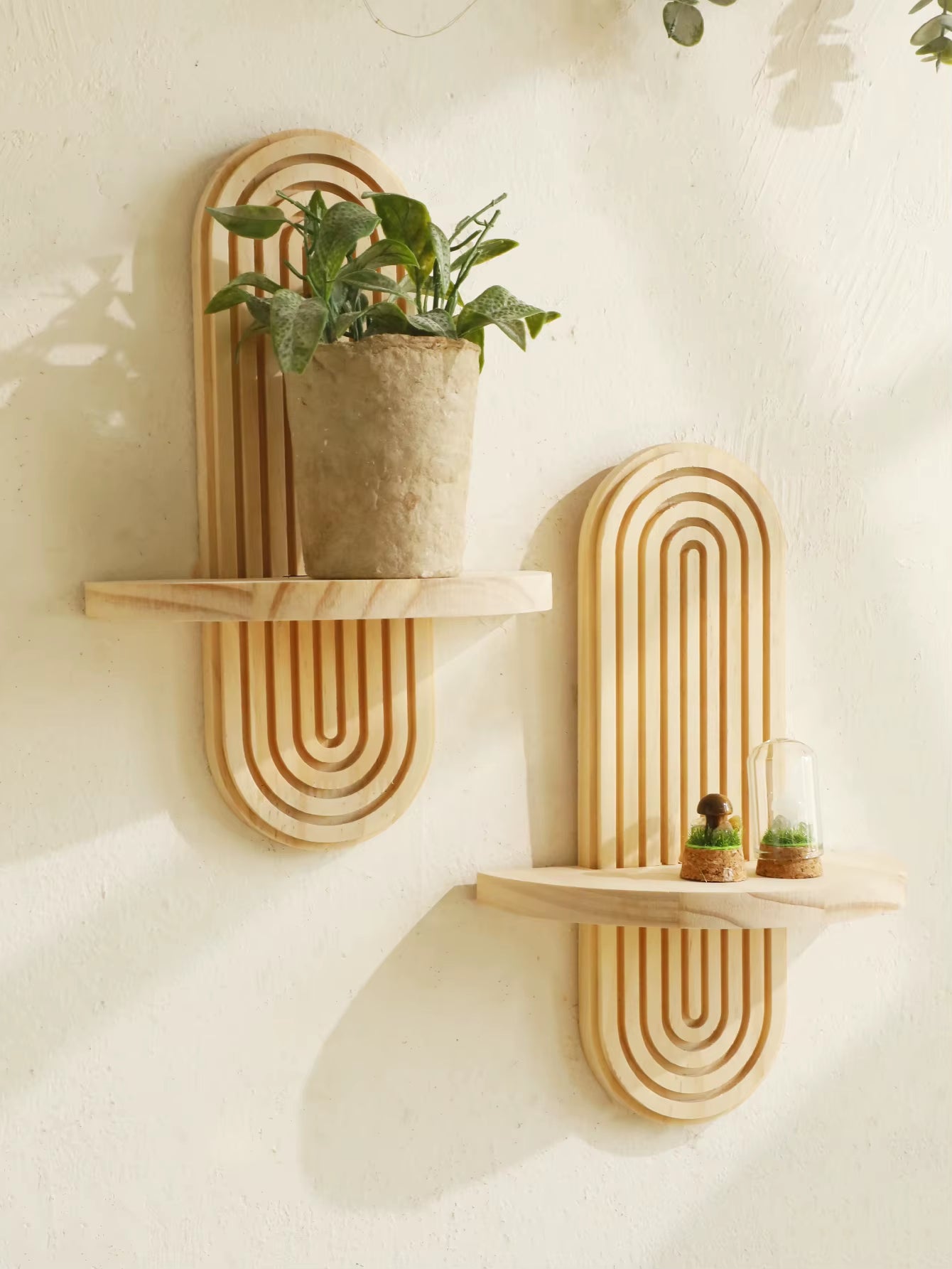 2-Tier Boho Style Wooden Wall Shelves - Geometric Wall Mounted Shelves, Natural Wood Finish, Modern Home Decor, Plant Decorative